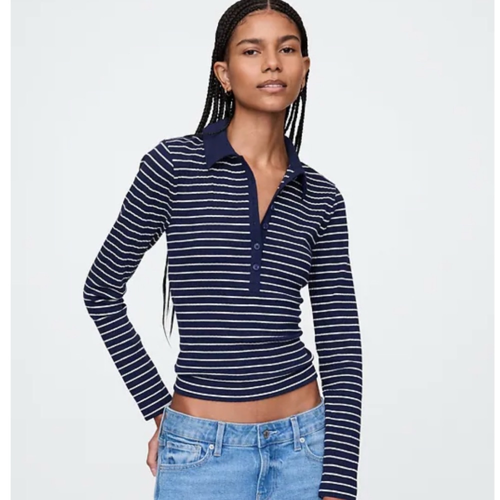 NWT, GAP Modern Wide Rib Polo Tee Shirt, Navy & White Striped, Size XL